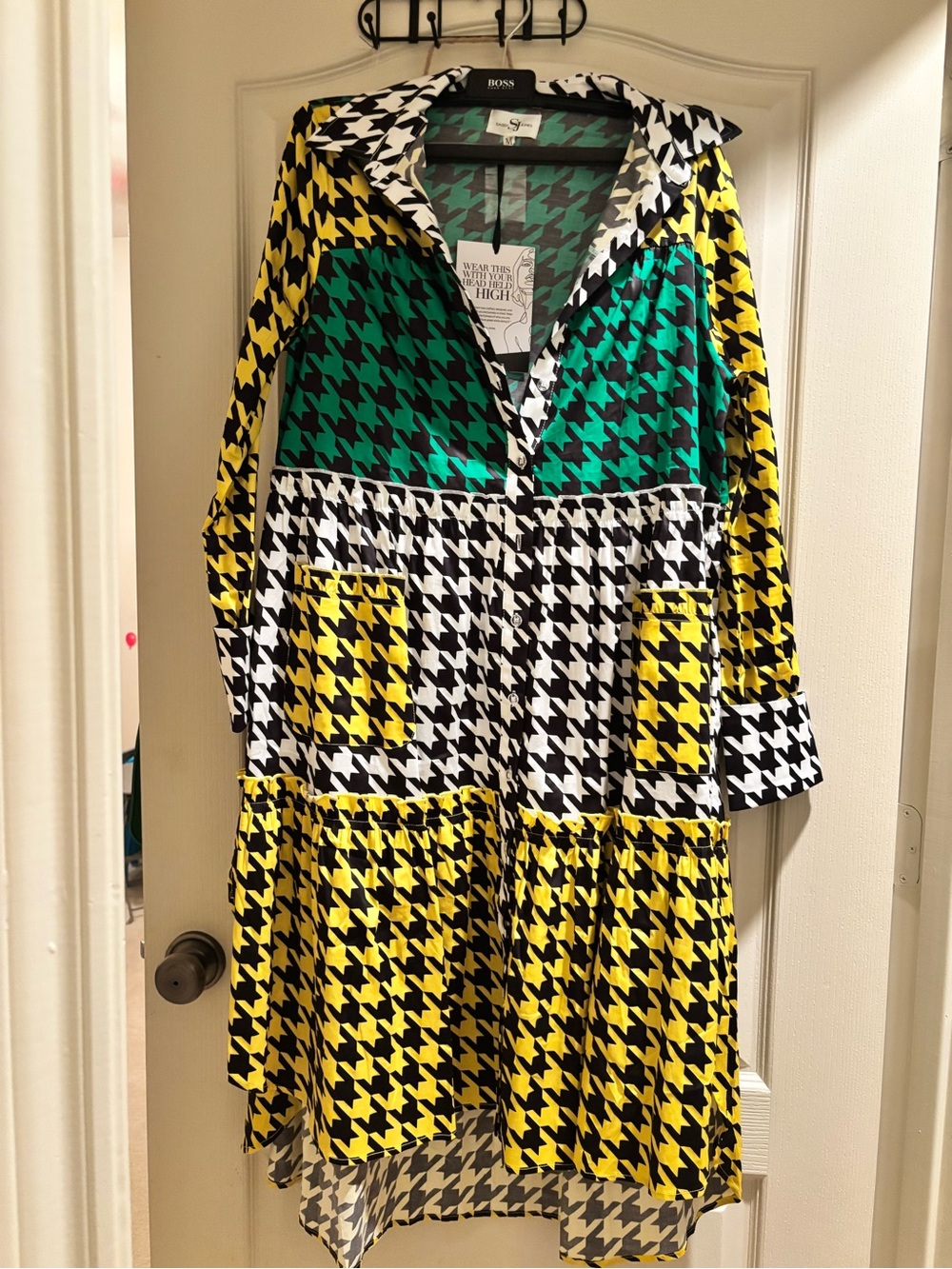 Sassy Jones Houndstooth Colorblock Dress - Yellow, Green, Black & White